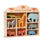 Animalute savana pe raft, din lemn premium Safari Collection, 8 piese