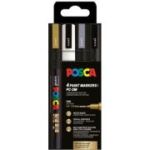 Marker UNI Posca PC-3M, varf rotund, 0. 9-1. 3mm, set 4 culori (negru, argintiu, auriu, alb)