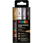 Marker UNI Posca PC-1M, varf rotund, 0. 7mm, set 4 culori (negru, argintiu, auriu, alb)