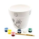 Accesorii creatie ceramica - ghiveci alb cu desene, pentru pictat / colorat + 6 culori si pensula, 12. 3 cm, Colorarte BS2006