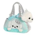 Set geanta pentru copii cu jucarie de plus Fancy Pals, 2 in 1, catel alb, geanta multicolora, 20 cm