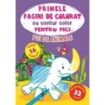 Primele pagini de colorat cu contur color si 32 de abtibilduri mari pentru pici. Pui de animale