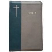 Biblia mare, coperta pvc flexibila, gri-verde, cu cruce, cuvinte cu rosu, margini aurii, repertoar, fermoar