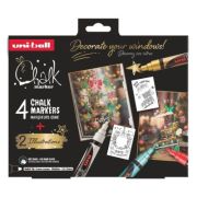 Set 4x Marker cu creta PWE-5M XMAS Traditional, 1. 8-2. 5 mm, + 2 sabloane A3, UNI Chalk (M1561)