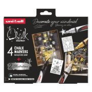 Set 4x Marker cu creta PWE-5M XMAS Scandinavian, 1. 8-2. 5 mm, + 2 sabloane A3, UNI Chalk (M1560)