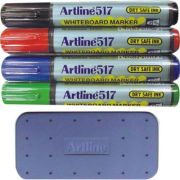 Kit markere tabla+burete magnetic + 25ml lichid curatare, ARTLINE 517, 4 cul/set, varf rotund 2. 0mm