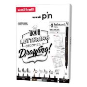 Set UNI PIN Lettering Starter Case, 8 linere + 1 creion mecanic Shalaku S + 3 sabloane