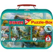 Set puzzle 2 x 60 piese si 2 x 100 piese + Bonus: cufar metalic, Dinozauri, Schmidt