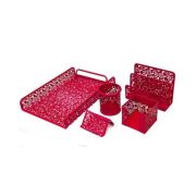 Set pentru birou Office Cover, plasa metalica cu flori stantate, 5 piese, rosu