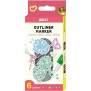 Set 6x Marker Outliner Amos, pe baza de alcool, varf rotund, argintiu cu contur colorat