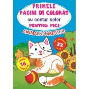 Primele pagini de colorat cu contur color si 32 de abtibilduri mari pentru pici. Animale domestice