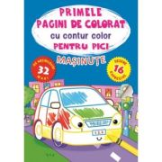 Primele pagini de colorat cu contur color si 32 de abtibilduri mari pentru pici. Masinute