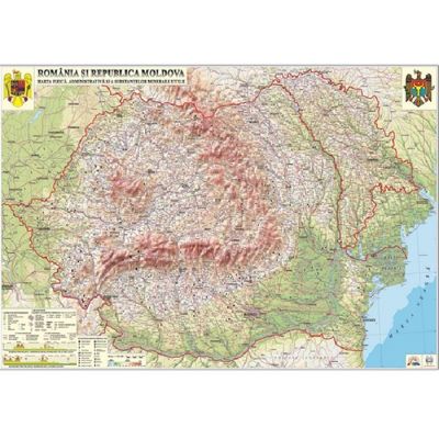 Romania si Republica Moldova. Harta fizica, administrativa si a substantelor minerale utile, 1000x700mm, fara sipci (GHRF100-L)