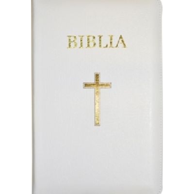Biblie mare, 073, coperta piele, alba, cu cruce, margini aurii, repertoar, fermoar