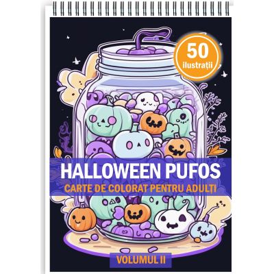 Carte de colorat pentru adulti, 50 de ilustratii, Halloween pufos, Volumul 2