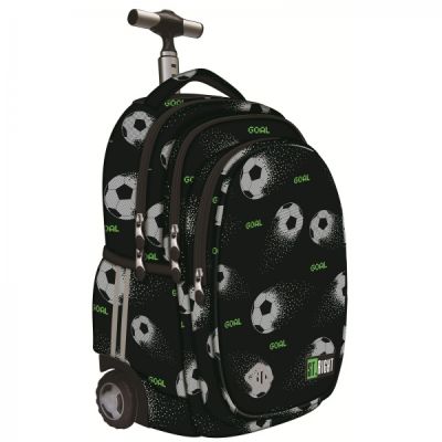 Ghiozdan St. Majewski St. Right Pixel Balls, 44 cm, 4 compartimente, tip troller, roti silicon, negru