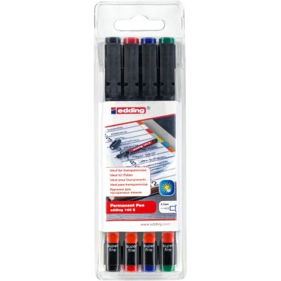 Marker permanent Edding 140 S, set 4 bucati, corp din plastic, varf rotund, 0. 3 mm, culori asortate