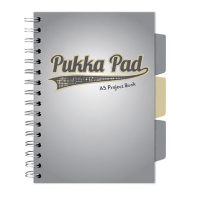 Caiet A5 cu spira si separatoare Pukka Pad Project Book, 200 file, matematica, gri