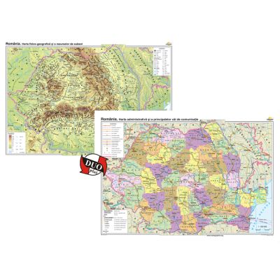 Romania. Harta fizico-geografica si a resurselor naturale de subsol si Romania. Harta administrativa si a principalelor cai de comunicatie Duo Plus 160x120 cm CR-3101DPA