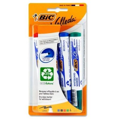 Marker tabla Bic Velleda 1704 / 907054, varf rotund, 2. 5mm, corp gros, set 4 culori (verde, negru, albastru, rosu)