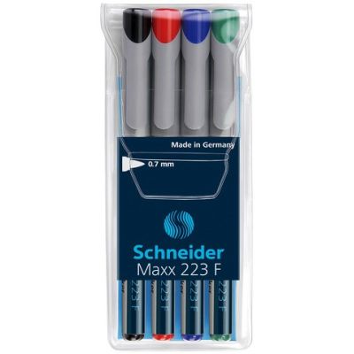Universal non-permanent marker SCHNEIDER Maxx 223 F, varf 0.7mm, 4 culori/set - (N, R, A, V)
