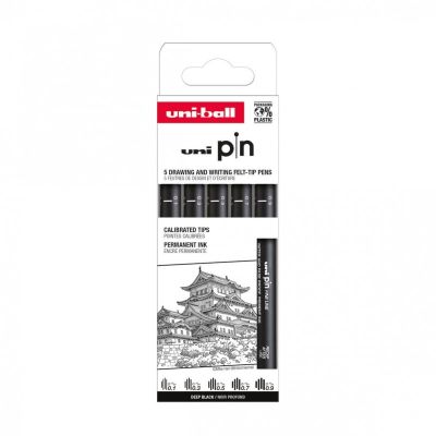 Set 5x Liner UNI PIN-200 ASP008, pe baza de apa, varf 0. 1-0. 9mm, negru