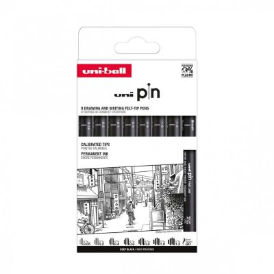 Set 8x Liner UNI PIN-200 ASP011, pe baza de apa, varf 0. 05-1. 2mm + pensula, negru