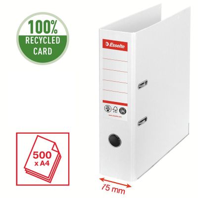 Biblioraft Esselte No.1 Power Recycled, carton, 100% reciclat, reciclabil, certificare FSC, A4, 75 mm, alb