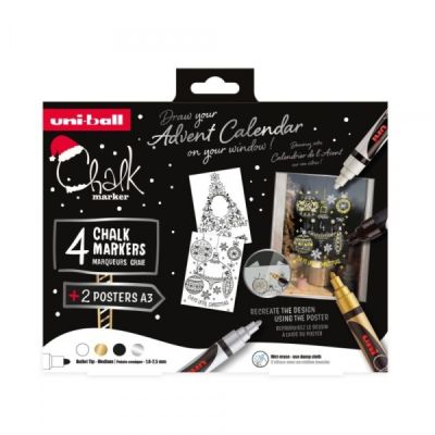 Set 4x Marker cu creta UNI Chalk PWE-5M XMAS Elegante, 1. 8-2. 5mm, alb, auriu, arginiu, negru + 2 sabloane A3