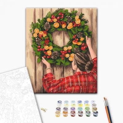 Set pictura pe numere 40x50cm, Brushme, Decor festiv de Craciun, coronita, pensule, culori, BS52806