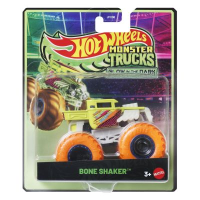 HOT WHEELS MONSTER TRUCK GLOW IN THE DARK MASINUTA BONE SHAKER CU ROTI PORTOCALII SCARA 1 LA 64