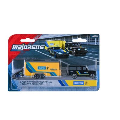 MAJORETTE TRANSPORTER SET REMORCA DE CURSE DELUXE LAND ROVER DEFENDER 110 SI MASINUTA TOYOTA GR SUPRA