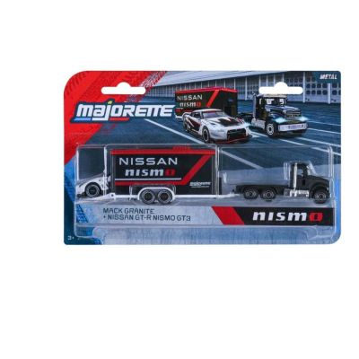 MAJORETTE TRANSPORTER SET REMORCA DE CURSE DELUXE MACK GRANITE SI MASINUTA NISSAN GT R NISMO GT 3