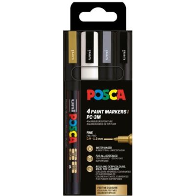 Marker UNI Posca PC-3M, varf rotund, 0. 9-1. 3mm, set 4 culori (negru, argintiu, auriu, alb)