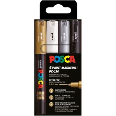 Marker UNI Posca PC-1M, varf rotund, 0. 7mm, set 4 culori (negru, argintiu, auriu, alb)