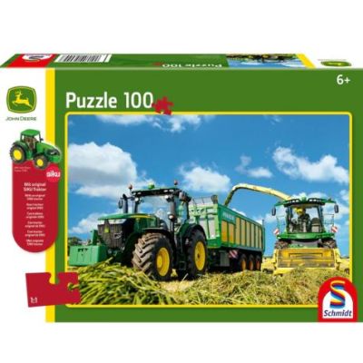 Puzzle 100 piese, John Deere - Tractor 7310R si combina de recoltat 8600i + Cadou: macheta Siku, Schmidt