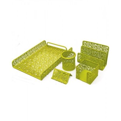 Set pentru birou Office Cover, plasa metalica cu flori stantate, 5 piese, verde