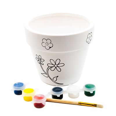 Accesorii creatie ceramica - ghiveci alb cu desene, pentru pictat / colorat + 6 culori si pensula, 12. 3 cm, Colorarte BS2006