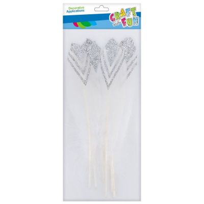 Accesorii creatie - pene, alb, 18-20cm, cu sclipici argintiu, set 6 buc, Craft with Fun, 463665