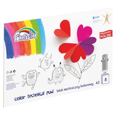 Bloc tehnic colorat A3 Fiorello 150-1439, 160g/mp, mix diverse culori, set 8 file