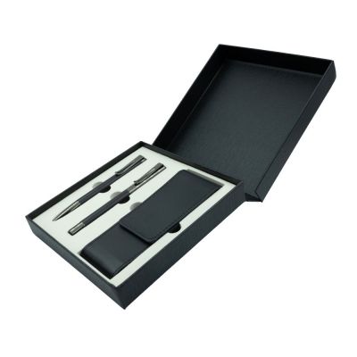 Set cadou stilou + pix + etui Office-Cover, metalic, negru cu argintiu  clips agrafa, cutie cadou