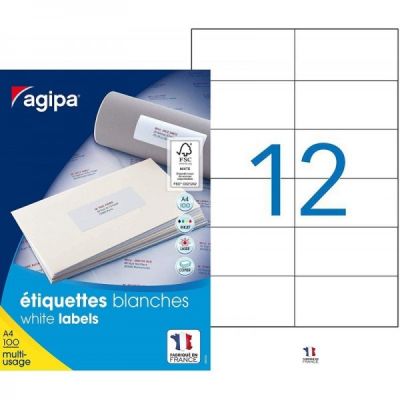 Etichete autocolante Agipa 101032, 12/A4, 105x49. 39mm, permanente, colturi drepte, alb, top 100 coli (1200 etichete)