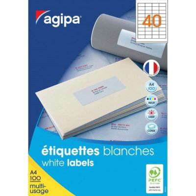 Etichete autocolante Agipa 101114, 40/A4, 48. 5x25, permanente, colturi drepte, alb, top 100 coli (4000 etichete)