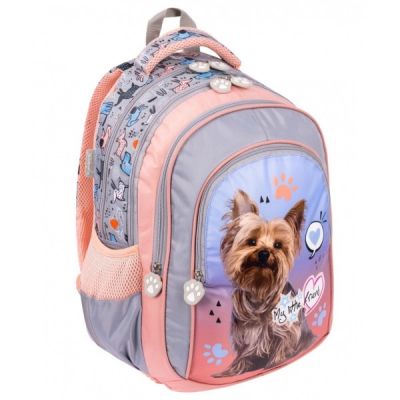 Ghiozdan St. Majewski My Little Friend Dog, 40 cm, 3 compartimente, gri cu roz si bleu, BPL58