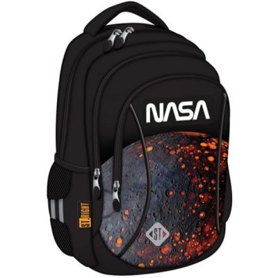 Ghiozdan St. Majewski St. Right Red Planet, 39cm, 3 compartimente, negru cu portocaliu