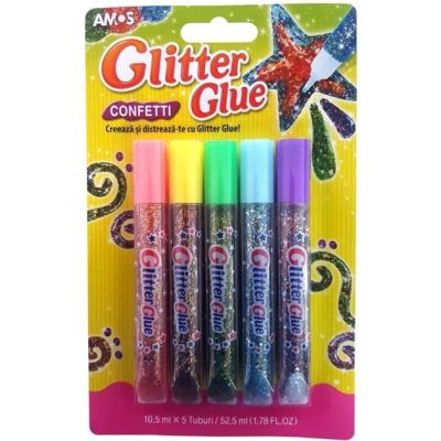 Lipici lichid cu sclipici, confeti, set 5 buc, Amos, GCF10B5