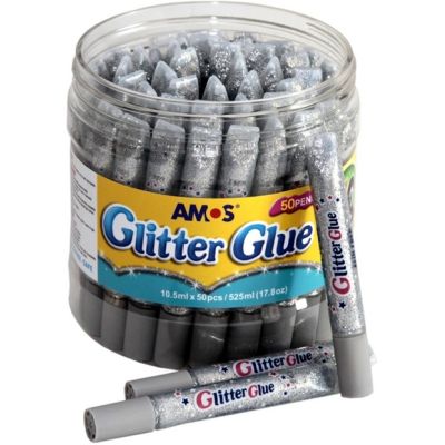 Lipici lichid cu sclipici, argintiu, borcan cu 50 buc, Amos, GCL10BK50
