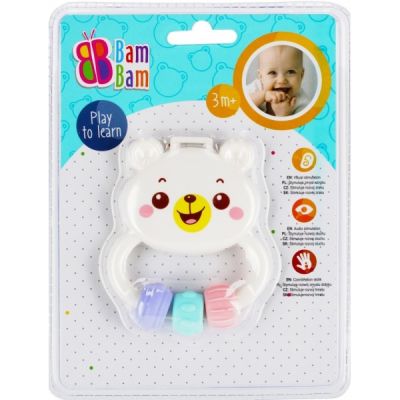 Jucarie bebelusi zornaitoare, ursulet, alb, Bam Bam 414225, 0+ luni