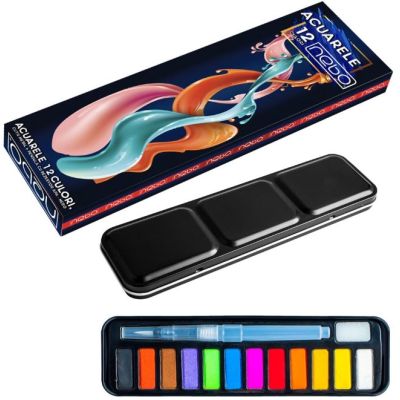 Acuarele 12 culori, cutie metal + pensula cu rezervor apa - NEBO