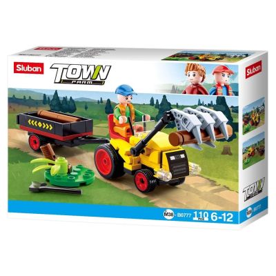 Set de constructie Farm, 110 piese, Tractor cu remorca lemne, Sluban